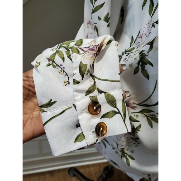 PRETTYLITTLETHING Women White Floral Polyester V-Neck Long Sleeve Blouse Size L - Picture 7 of 12